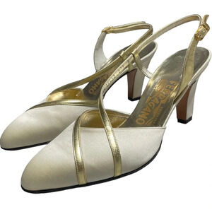 Vintage SALVATORE FERRAGAMO Satin Colorblock Pattern Slingback Pumps